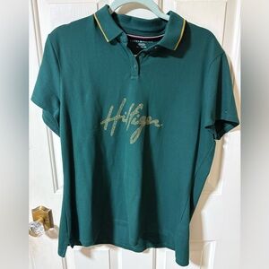 Tommy Hilfiger Women Dark Green Gold Embellished Logo Tipped Polo Shirt Sz: XL